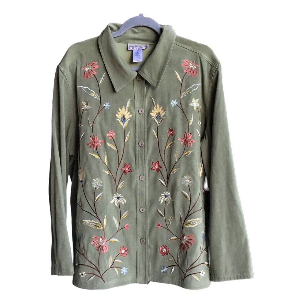 Susan Graver Green floral embroidery L/Sleeve Shirt Sz.1x Granny &/ Cottage Core